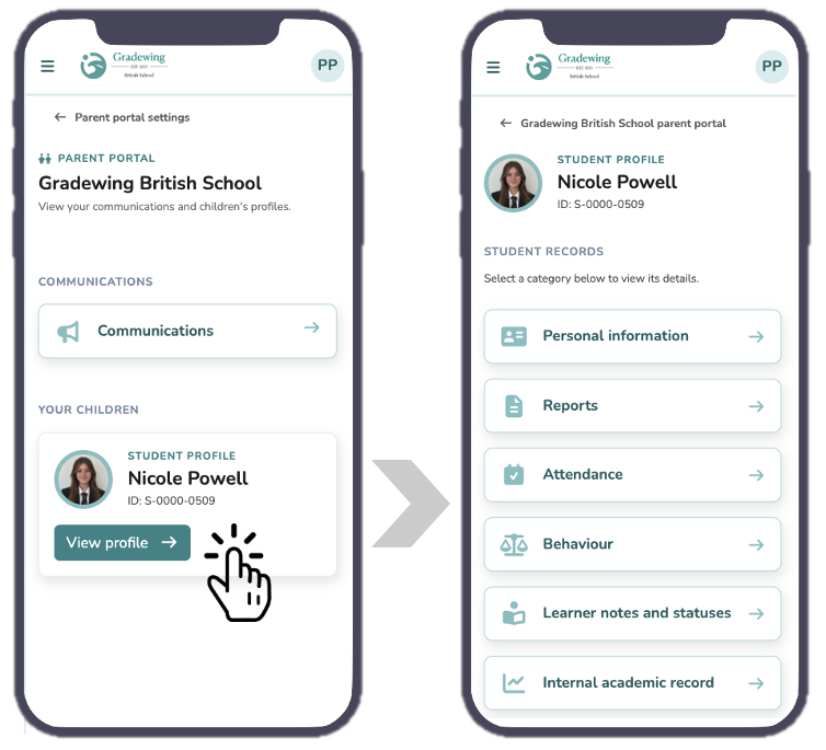 Parent portal on mobile, showing school communications and a student's reports, attendance and records