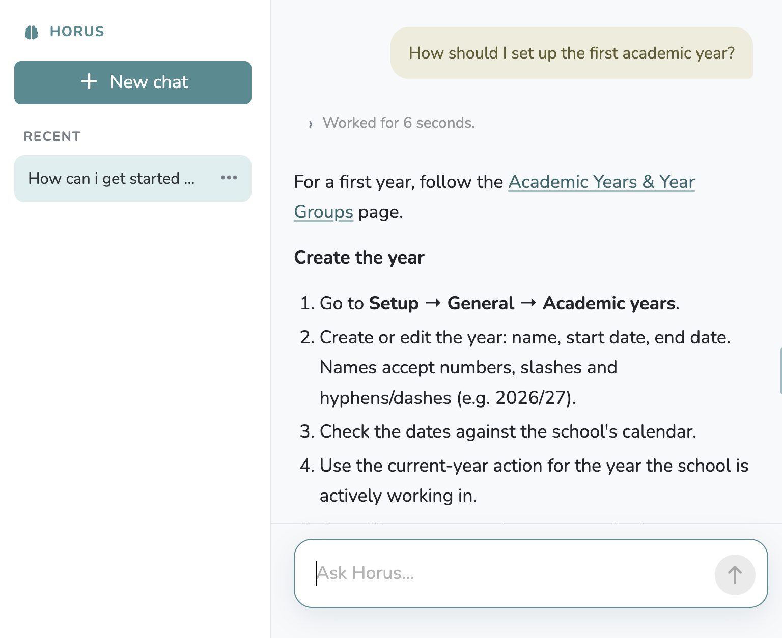 Horus school assistant explaining how to set up the first academic year
