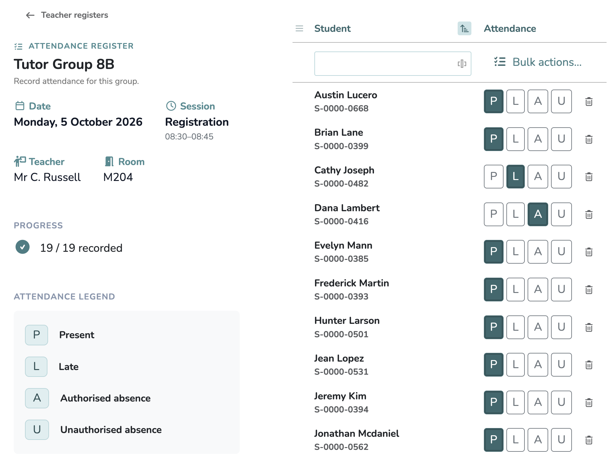 Teacher attendance register with student attendance options and registration progress